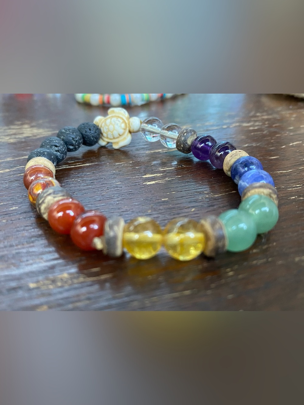 Multi-Color Chakra Beaded Bracelet with Turtle Accent